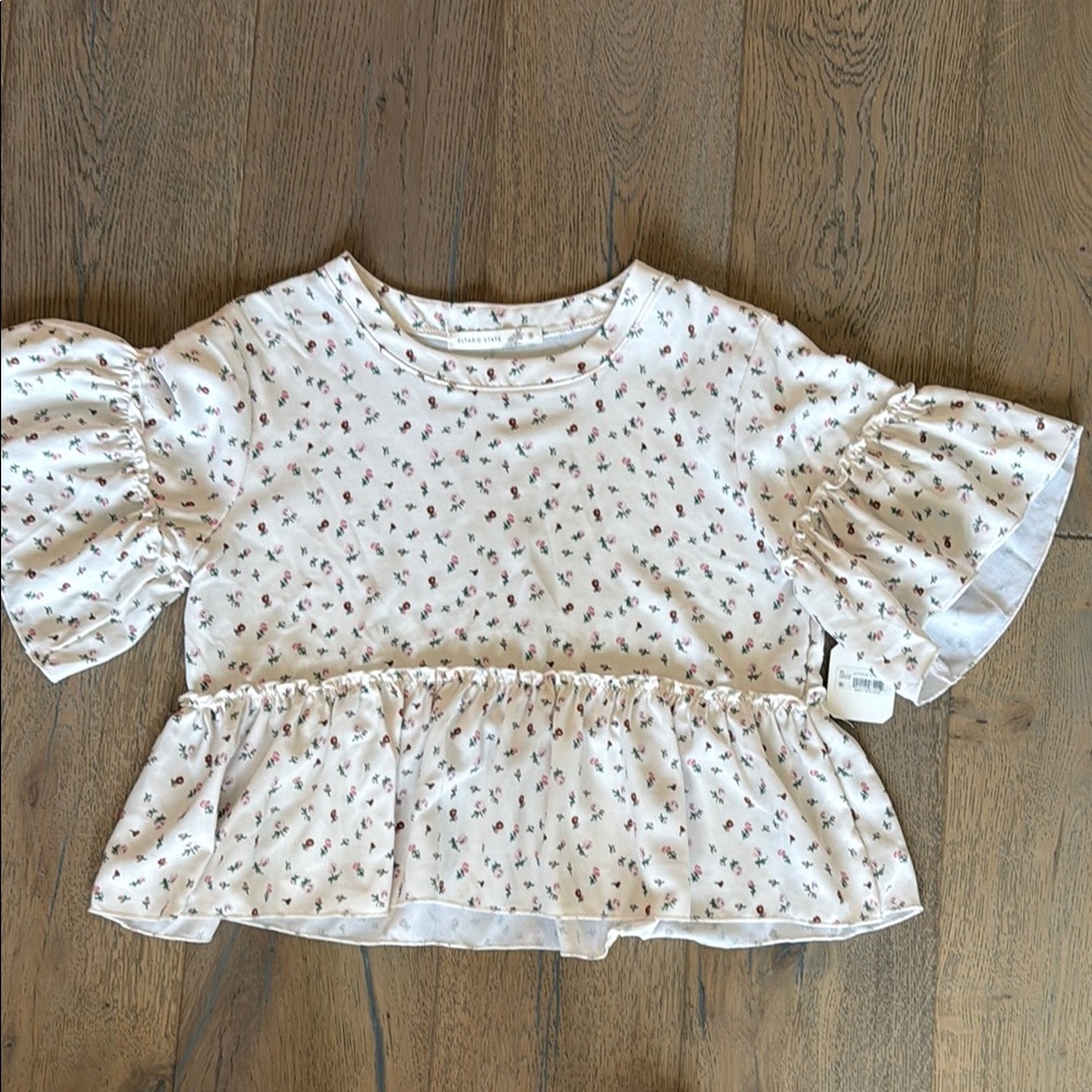 NWT Altar'd State White and Pink Blouse with Ruffled Neckline